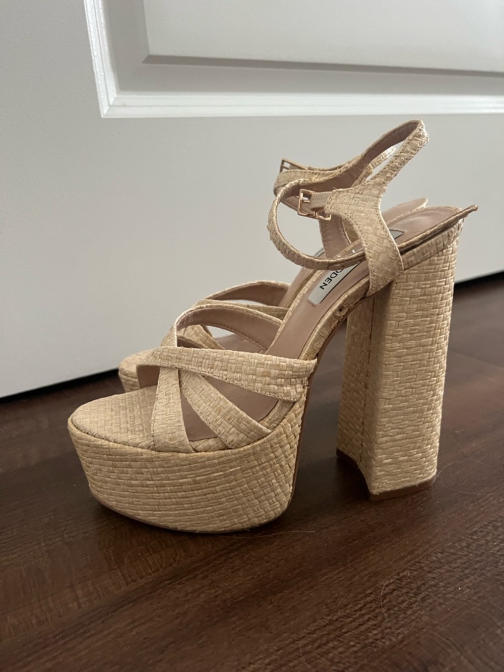 Steve Madden Natural Woven Platform Block Heel Sandals - Picture 2 of 5